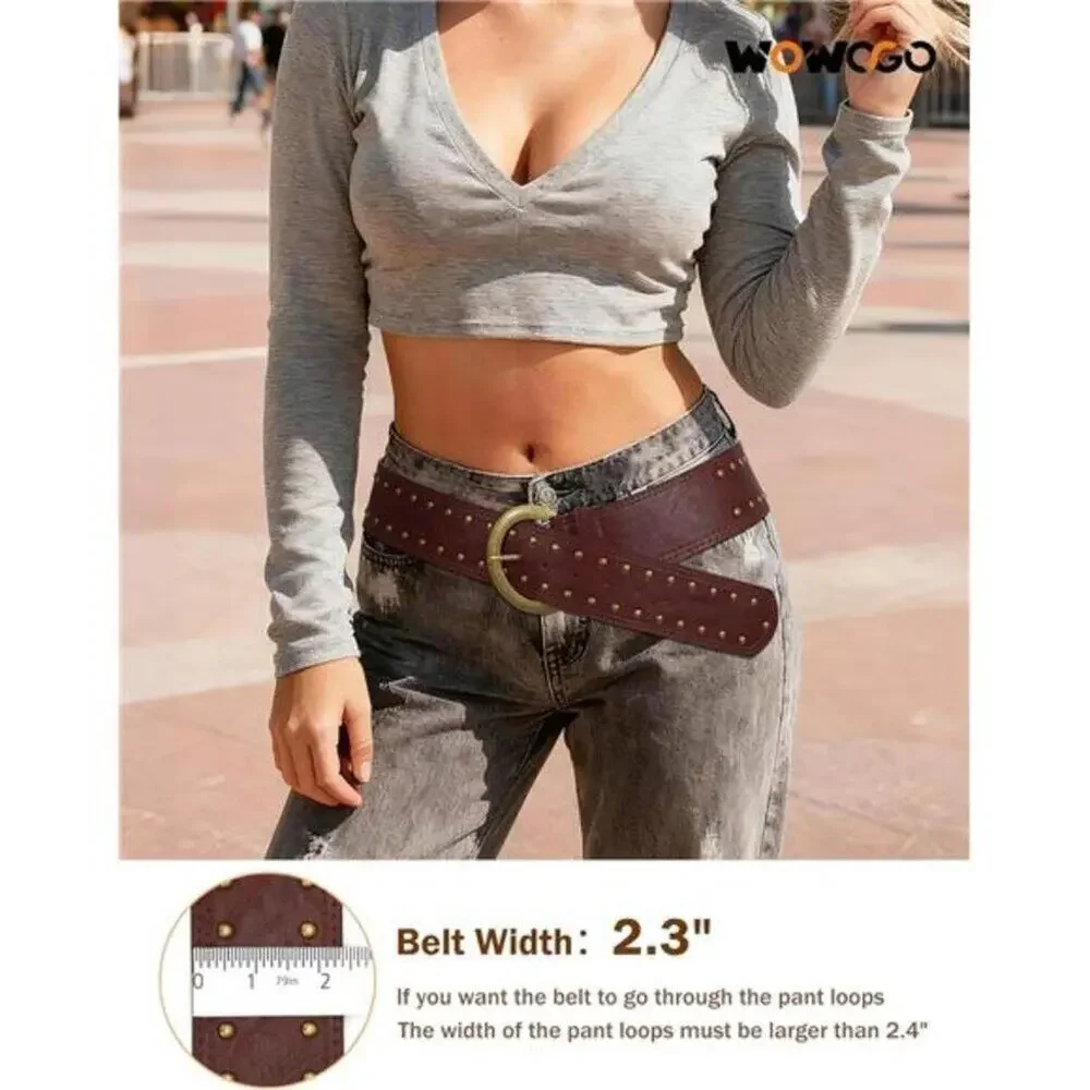 Wide Chunky Studded Brown Leather Vintage Style Waist Belt with Brass Buckle
